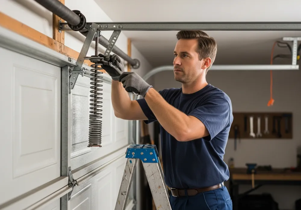 Technician replacing a garage door torsion spring — Houston