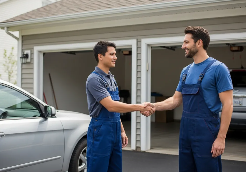Technician greeting a homeowner at the garage — Charleston