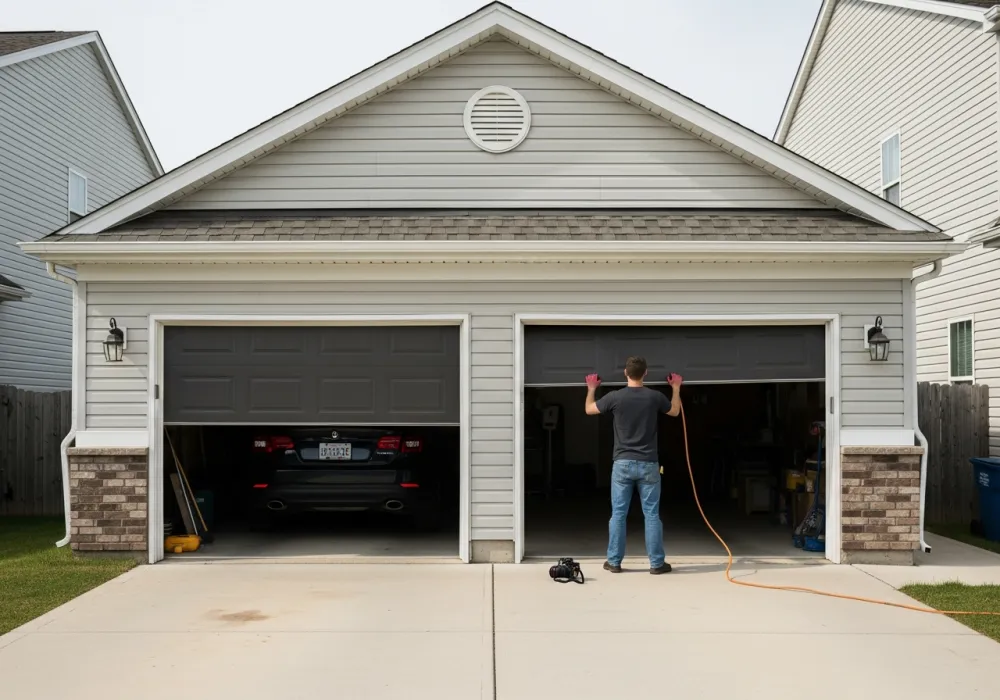 Technician working on a two-car garage door — Atlanta